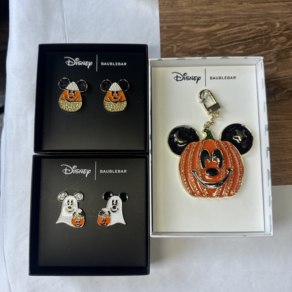 New Baublebar Rhinestone Crystal Halloween Mickey Bag Charm & Earrings